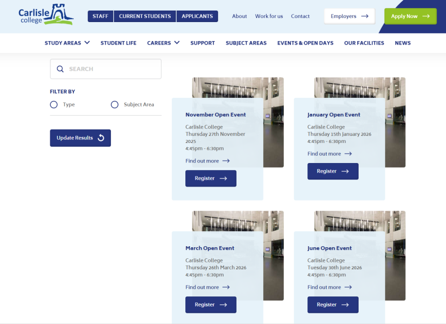 Screenshot open days Carlisle College
